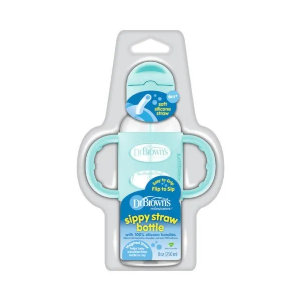 [2-Pack] Dr. Brown’s 8oz/250ml PP Narrow Sippy Straw Bottle w/ Silicone Handles - Green