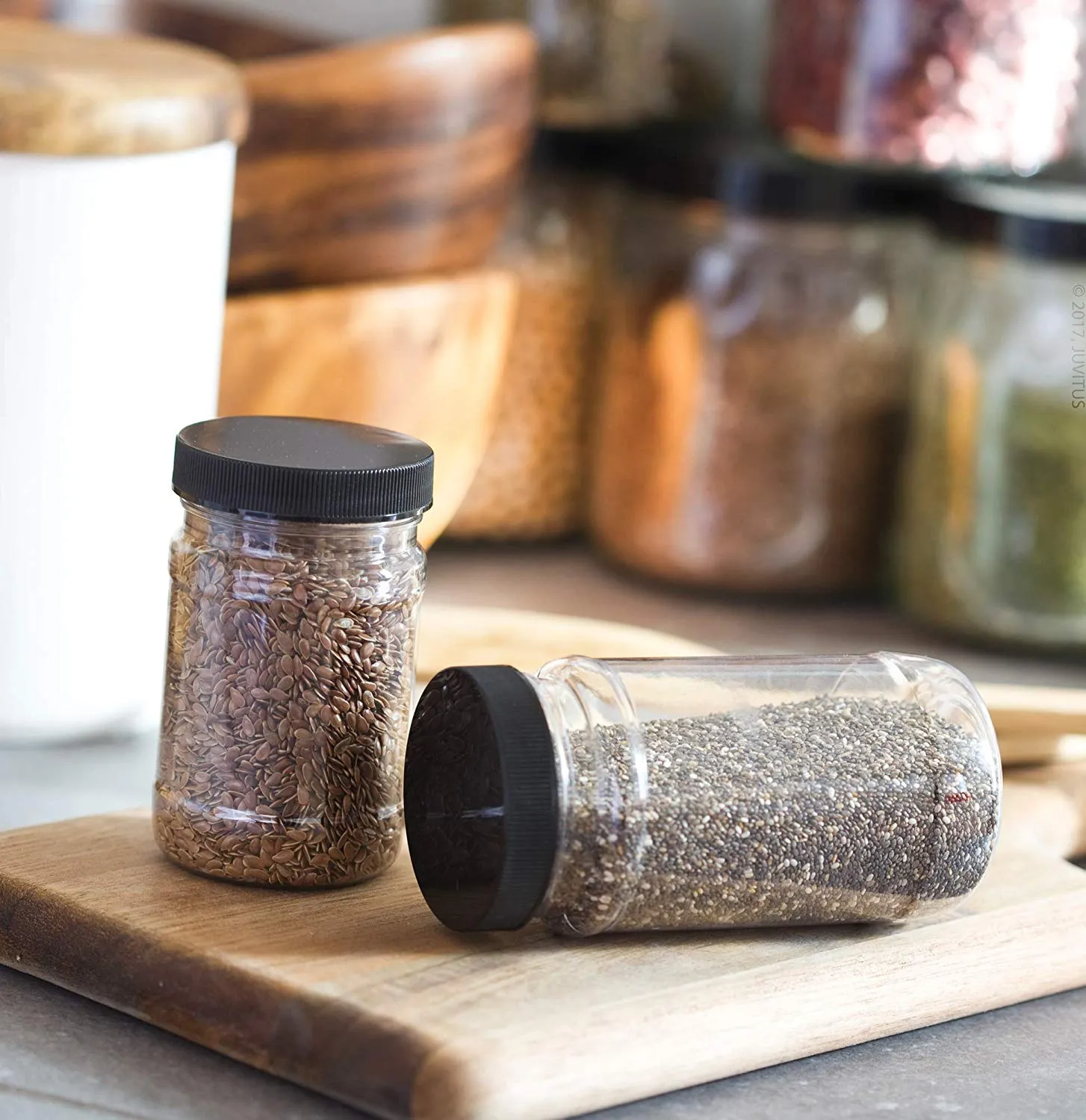 Clear Plastic Spice Bottle with Black Ribbed Lid - 6 oz / 180 ml