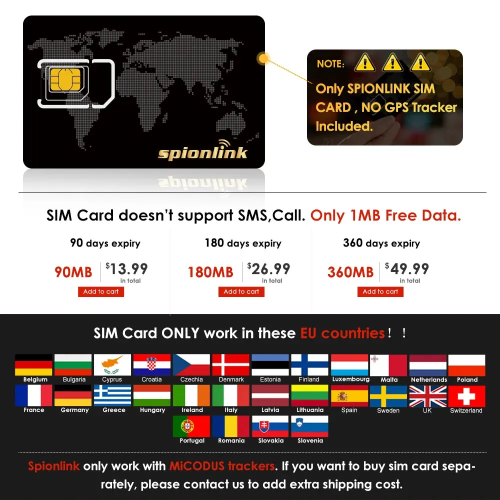 Spionlink SIM Card Only For MiCODUS GPS Tracker
